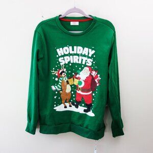 Holiday Time Men's Green Light-Up Pullover Sweatshirt Santa and Raindeer Fun(M)